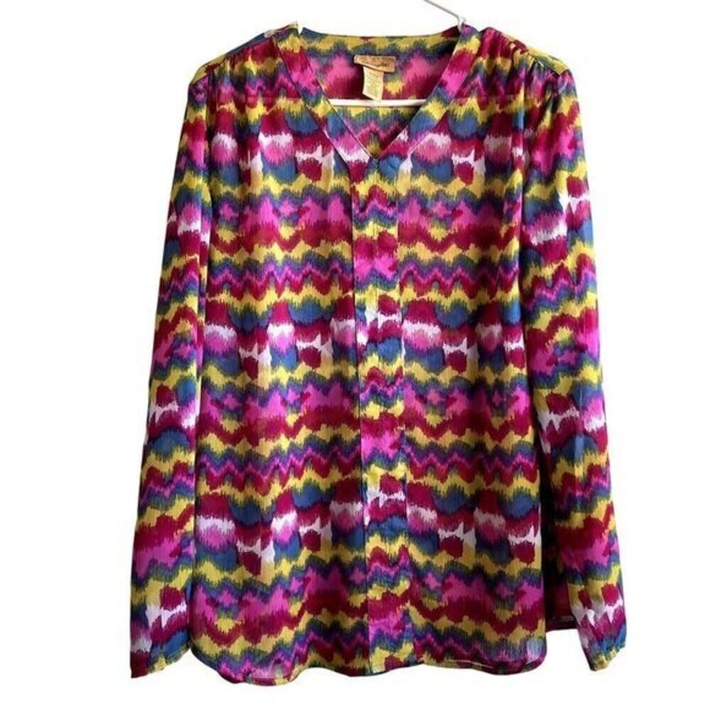 Wrangler Women's Blouse Vibrant Multicolor Chevron Print Long Sleeve Size Large‎